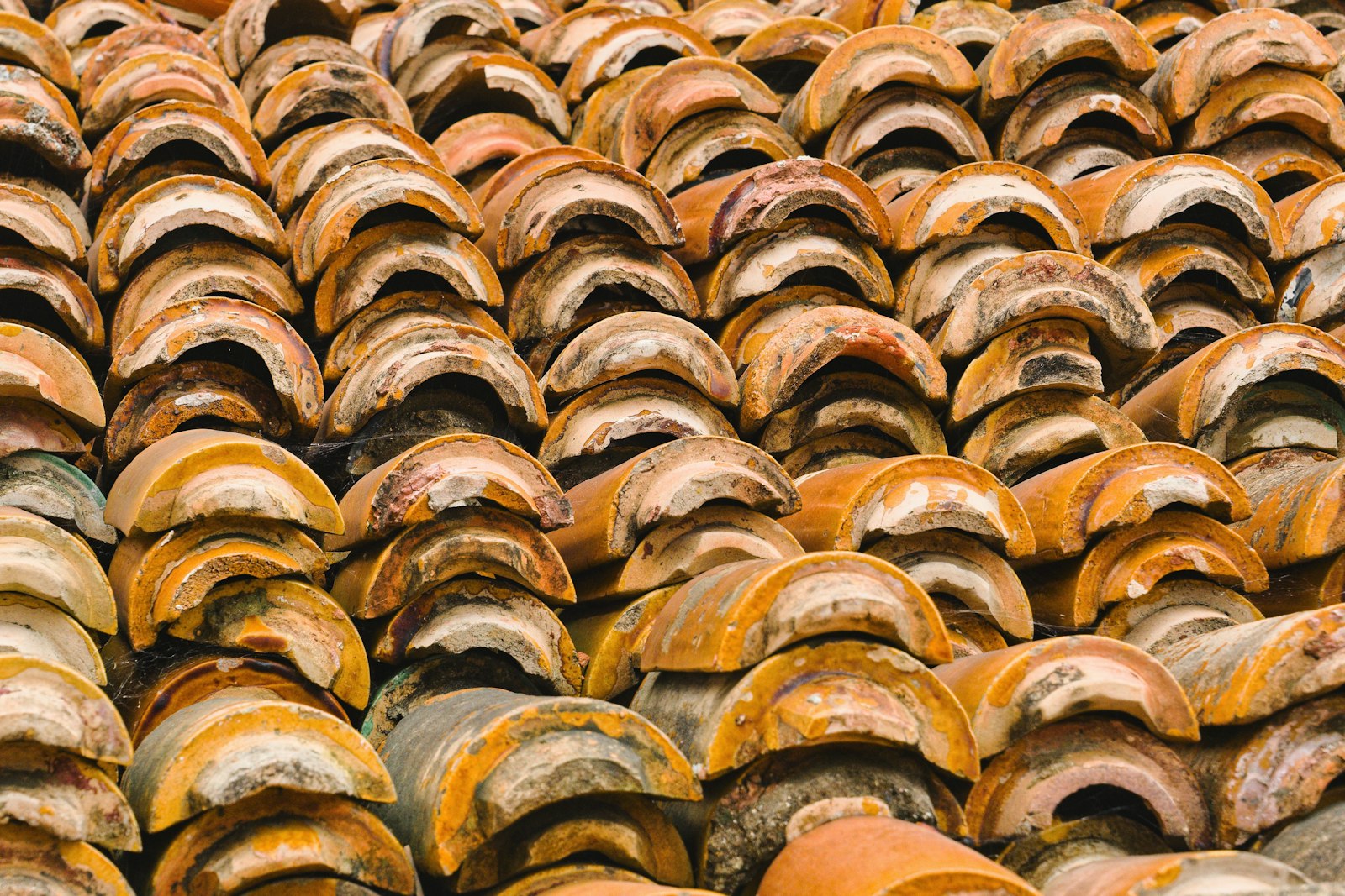 Stacked clay roof tiles